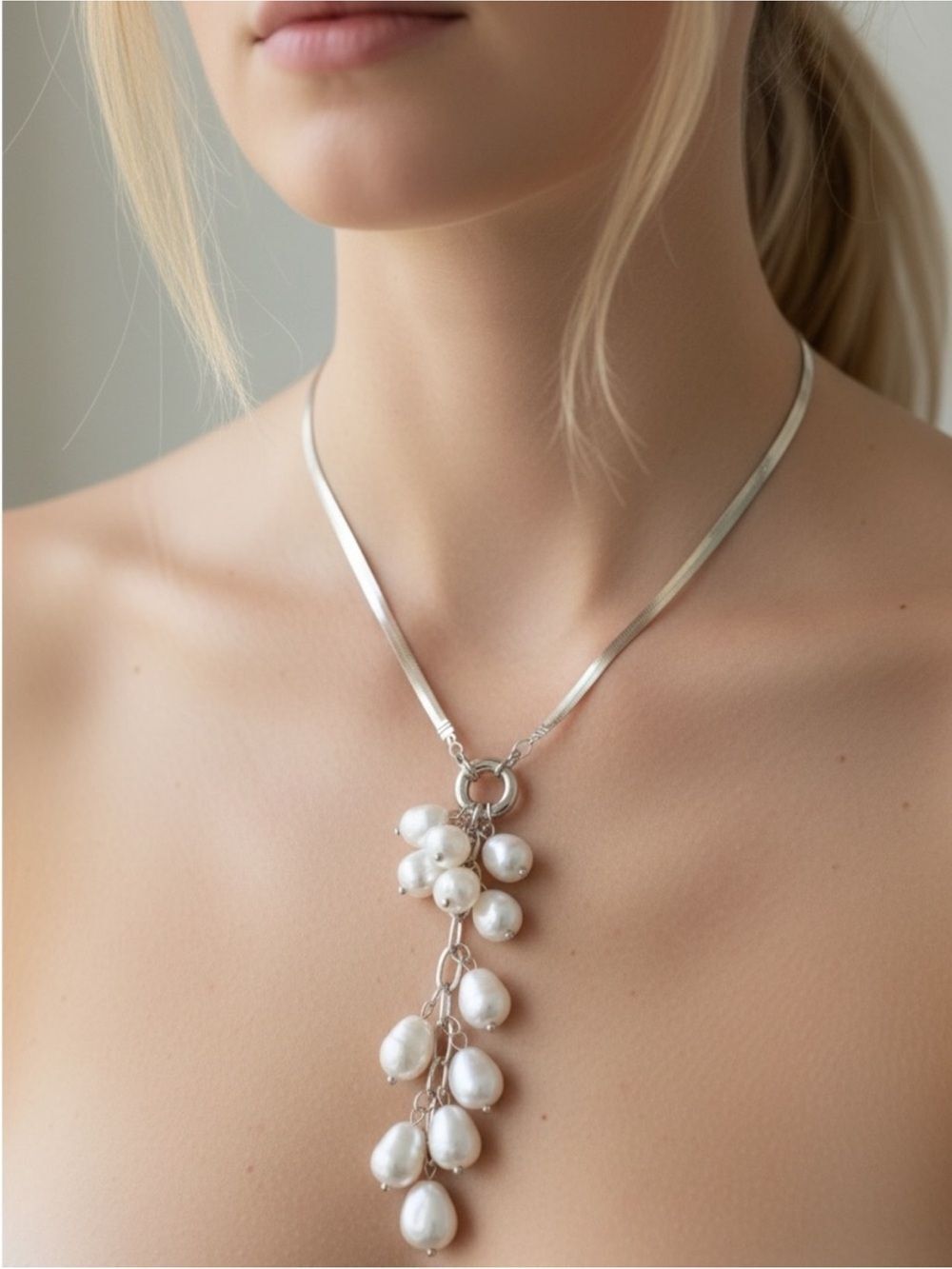 Silver Pearl Cluster Y-Drop Necklace - Elegant White Pearl Pendant